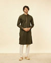 alt message - Manyavar Men Olive Green Bel Buti Patterned Kurta Jacket Set image number 2